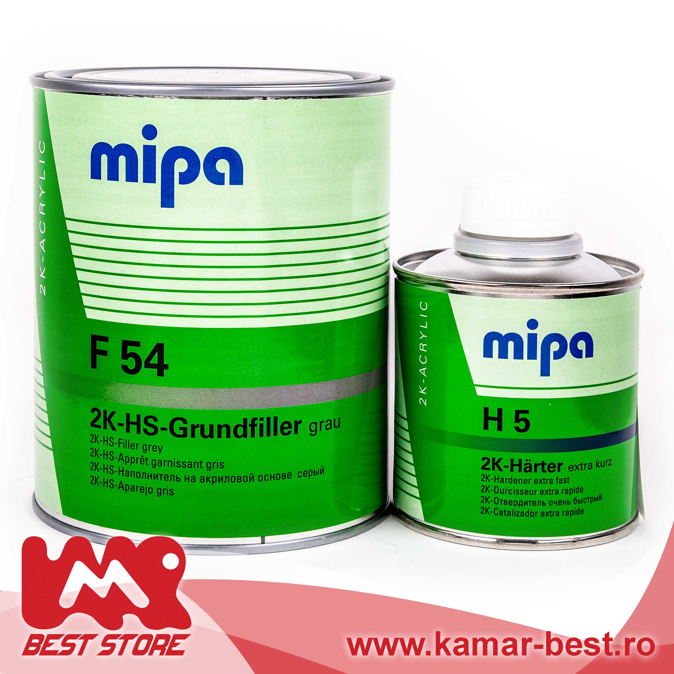 Mipa 2K-HS-Grundfiller F 54 Slefuire rapida, umplutura puternica 2K-HSfiller cu aderenta foarte buna si protectie activa impotriva coroziunii. Aplicare usoara si sigura. Raport de amestec: 4:1 Întăritor: H 5, H 10 Diluant: Mipa 2K Thinner